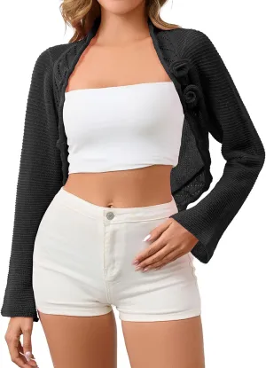 Women's Bolero Shrug Cropped Cardigan Long Sleeve Cute Y2K Tops Flower Open Front Knitted Sweaters