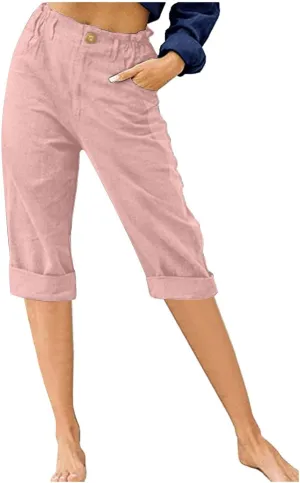Womens Capris for Summer 2024 Casual High Waist Straight Leg Cotton Linen Pant Beach Vacation Cropped Lounge Trousers