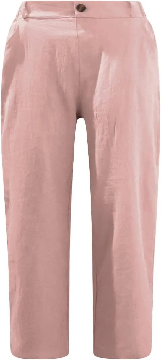 Womens Capris for Summer 2024 Casual High Waist Straight Leg Cotton Linen Pant Beach Vacation Cropped Lounge Trousers
