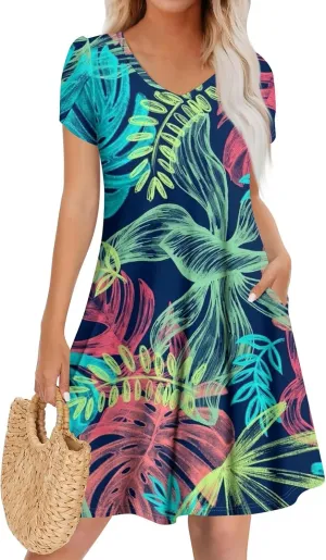 Women's Casual Spring Summer Midi Dress 2025 - Short Sleeve V-Neck Loose Cotton Ruffle Babydoll Dress Boho Sundress