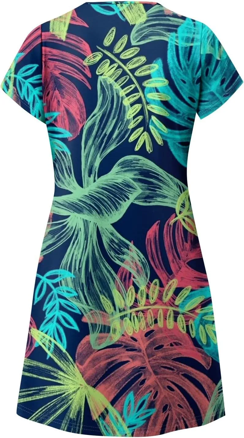 Women's Casual Spring Summer Midi Dress 2025 - Short Sleeve V-Neck Loose Cotton Ruffle Babydoll Dress Boho Sundress