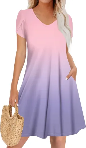 Women's Casual Spring Summer Midi Dress 2025 - Short Sleeve V-Neck Loose Cotton Ruffle Babydoll Dress Boho Sundress