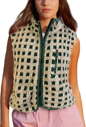 Womens Checkered Sherpa Vest Sleeveless Winter Fleece Jacket High Neck Zip Up Plaid Gilet with Chest Pocket