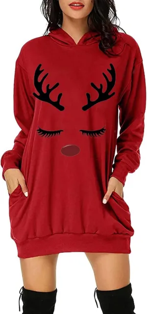 Women's Christmas Hoodies Sweatshirt Dress 2023 Fashion Loose Fit Bag Hip Printed Long Sleeve Oversized Pullover Tops