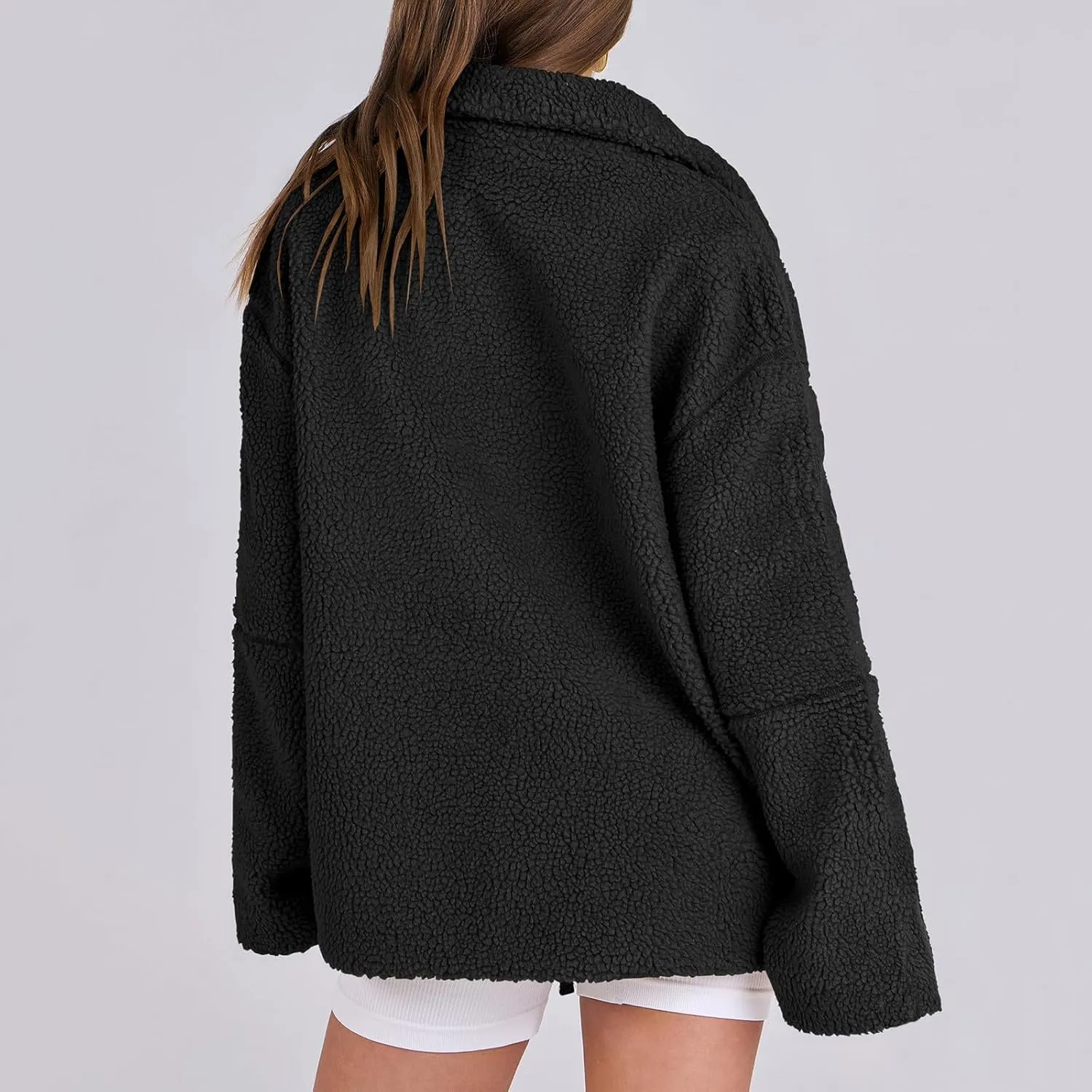 Womens Collared Fleece Jacket Oversized Fuzzy Sherpa Coat With Pockets Plus Size Winter Outerwear Fashion Trench Coat