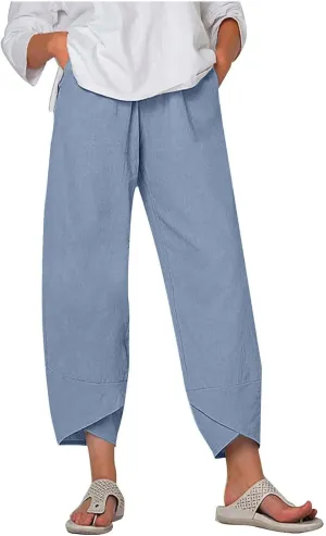 Women's Cotton Linen Capri Pants Soft Casual Loose Fit Workout Sweatpants Trousers with Pockets Summer Lounge Pants