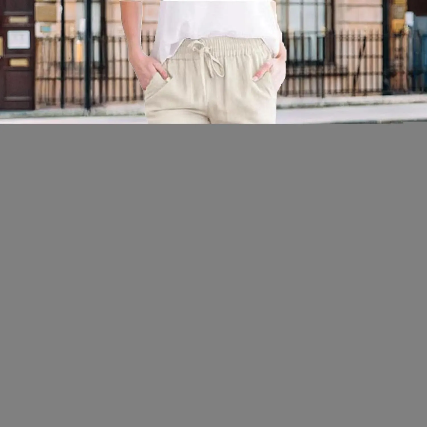 Womens Cotton Linen Pants Summer Casual Loose Trousers with Pockets Drawstring Button Wide Leg Pants for Women