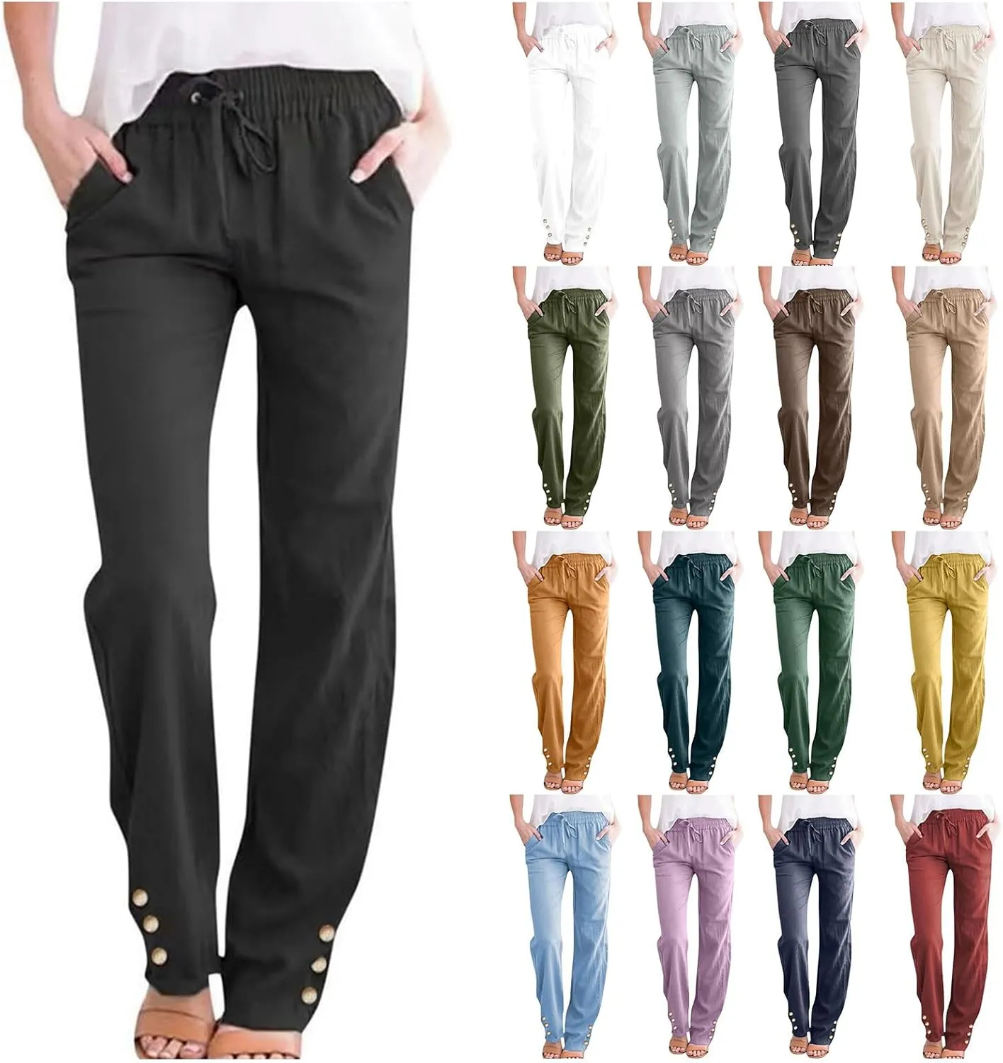Womens Cotton Linen Pants Summer Casual Loose Trousers with Pockets Drawstring Button Wide Leg Pants for Women
