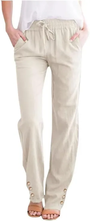 Womens Cotton Linen Pants Summer Casual Loose Trousers with Pockets Drawstring Button Wide Leg Pants for Women