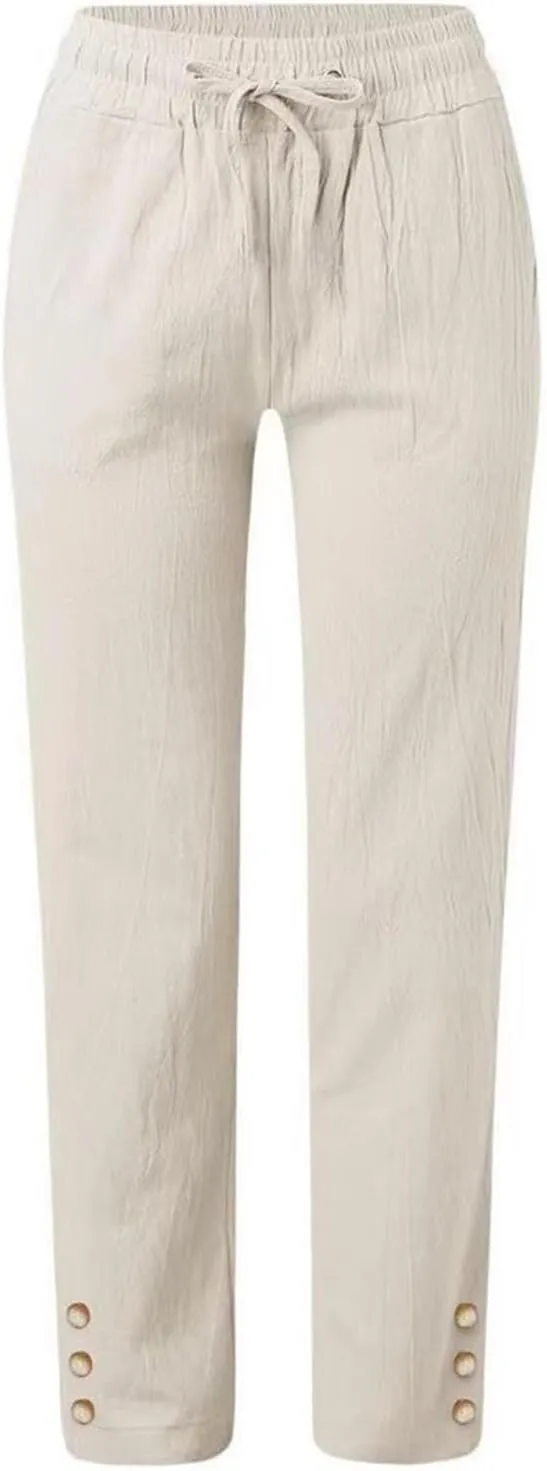Womens Cotton Linen Pants Summer Casual Loose Trousers with Pockets Drawstring Button Wide Leg Pants for Women