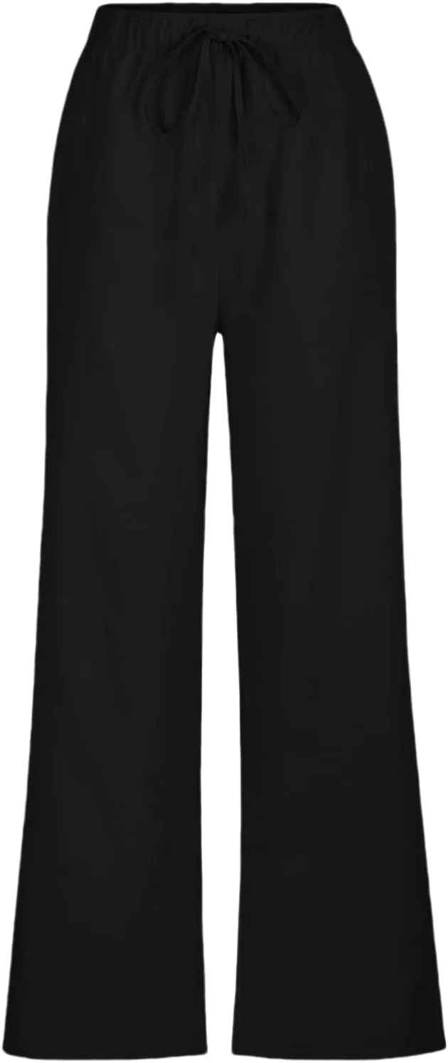 Womens Cotton Linen Trousers High Waisted Drawstring Wide Leg Pants with Pockets Casual Loose Sweatpants for Women