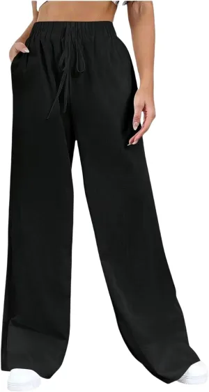 Womens Cotton Linen Trousers High Waisted Drawstring Wide Leg Pants with Pockets Casual Loose Sweatpants for Women