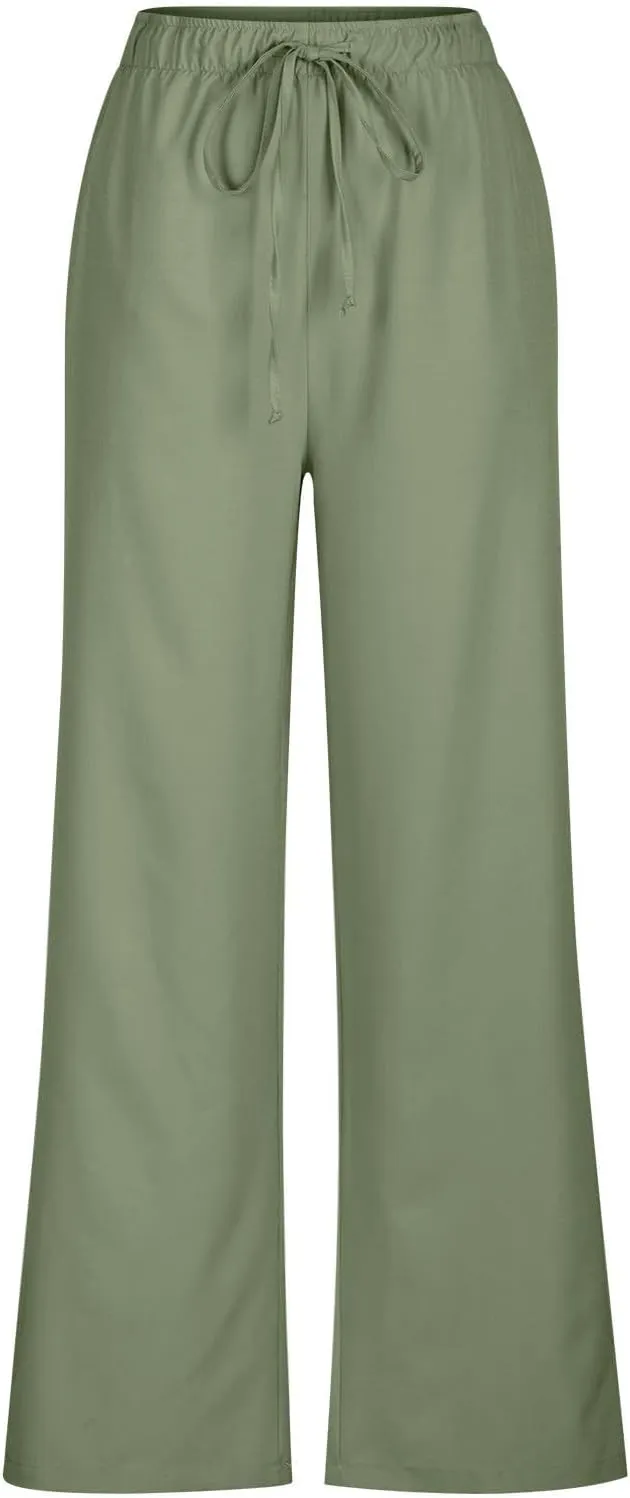 Womens Cotton Linen Trousers High Waisted Drawstring Wide Leg Pants with Pockets Casual Loose Sweatpants for Women