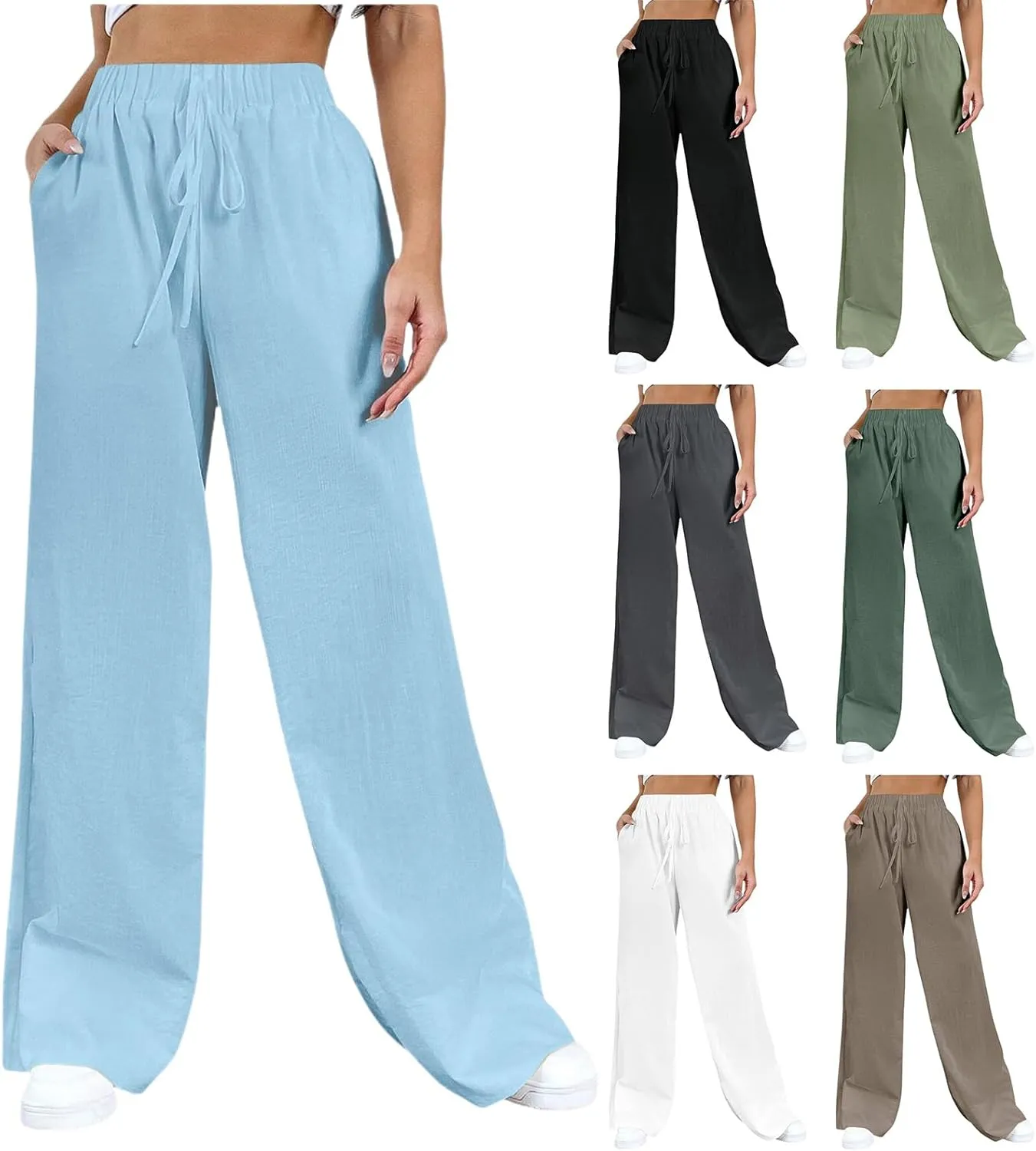Womens Cotton Linen Trousers High Waisted Drawstring Wide Leg Pants with Pockets Casual Loose Sweatpants for Women