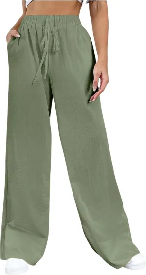 Womens Cotton Linen Trousers High Waisted Drawstring Wide Leg Pants with Pockets Casual Loose Sweatpants for Women