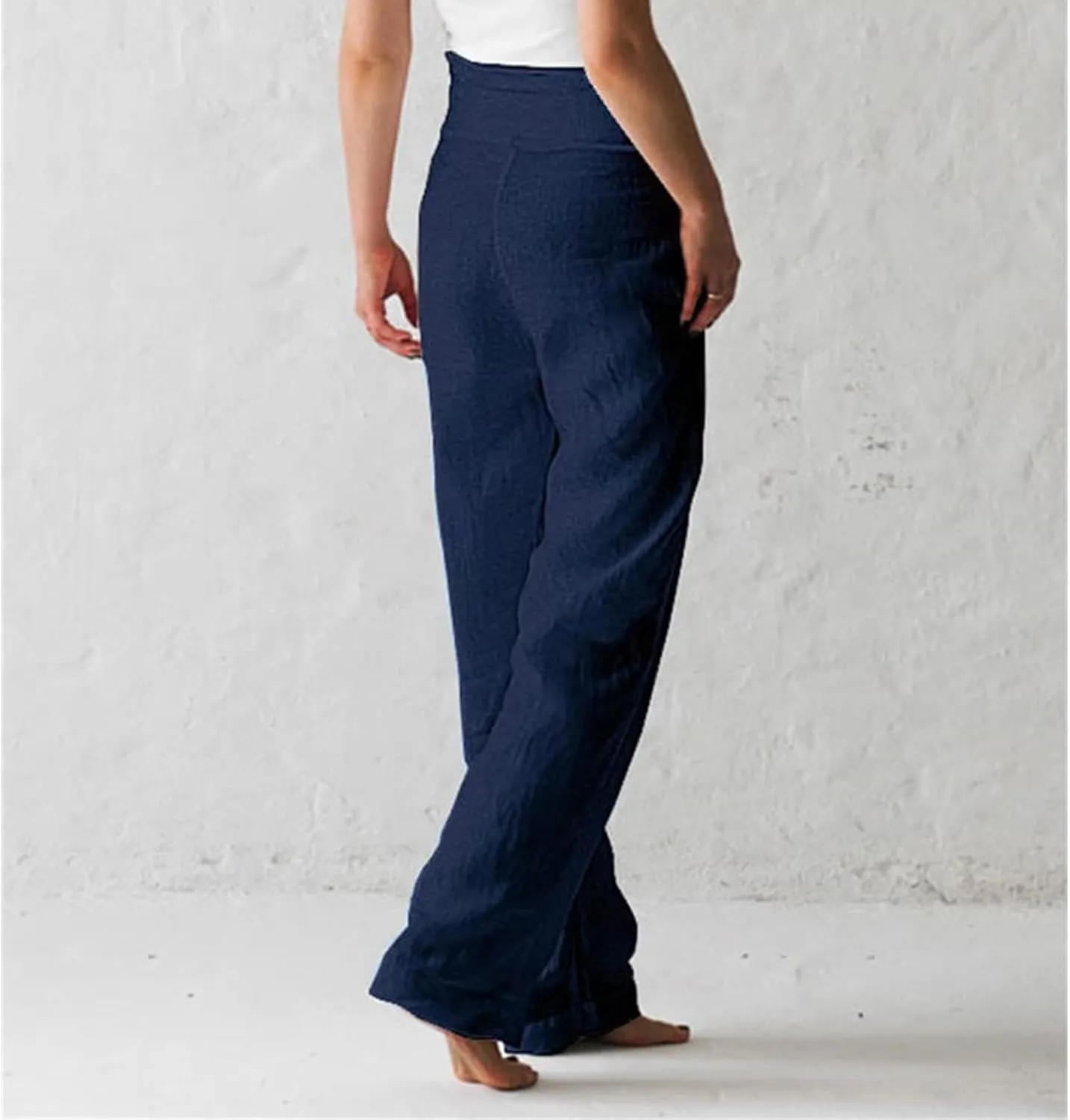 Womens Cotton Linen Wide Leg Pants High Waisted Adjustable Tie Knot Trousers Summer Casual Loose Pants for Women
