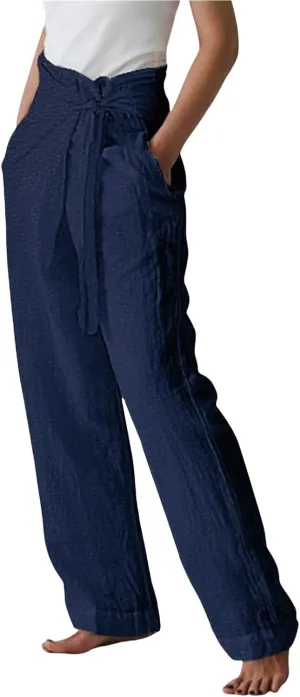 Womens Cotton Linen Wide Leg Pants High Waisted Adjustable Tie Knot Trousers Summer Casual Loose Pants for Women
