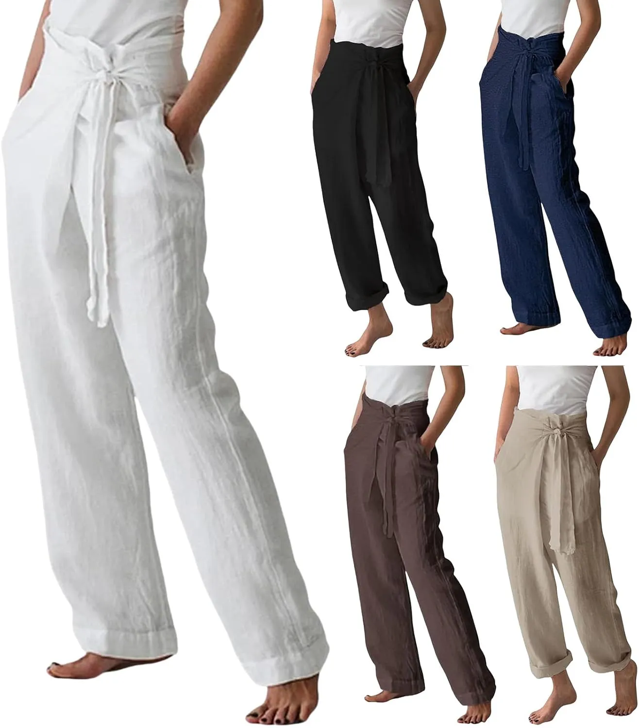 Womens Cotton Linen Wide Leg Pants High Waisted Adjustable Tie Knot Trousers Summer Casual Loose Pants for Women