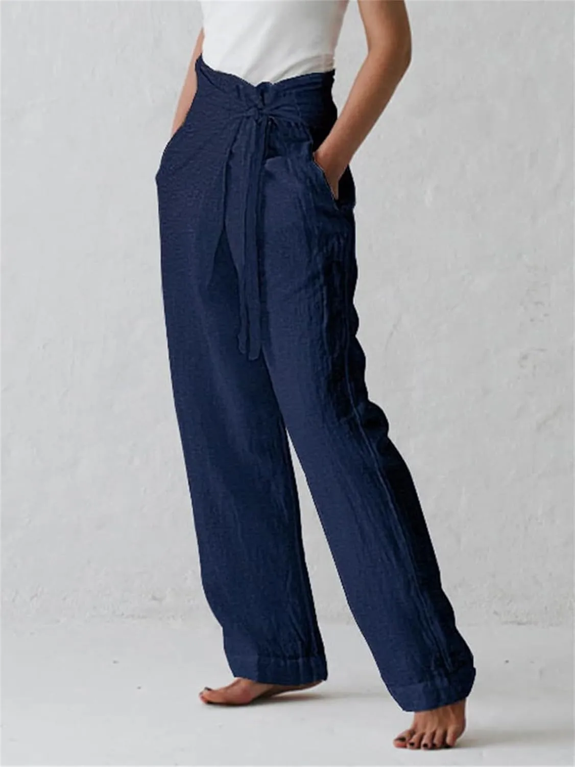 Womens Cotton Linen Wide Leg Pants High Waisted Adjustable Tie Knot Trousers Summer Casual Loose Pants for Women