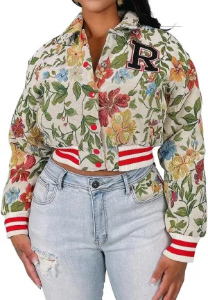 Women's Cropped Floral Print Bomber Jacket Casual Button Down Coats Outerwears