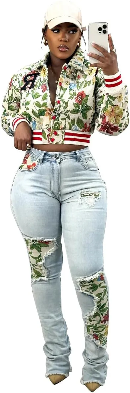 Women's Cropped Floral Print Bomber Jacket Casual Button Down Coats Outerwears