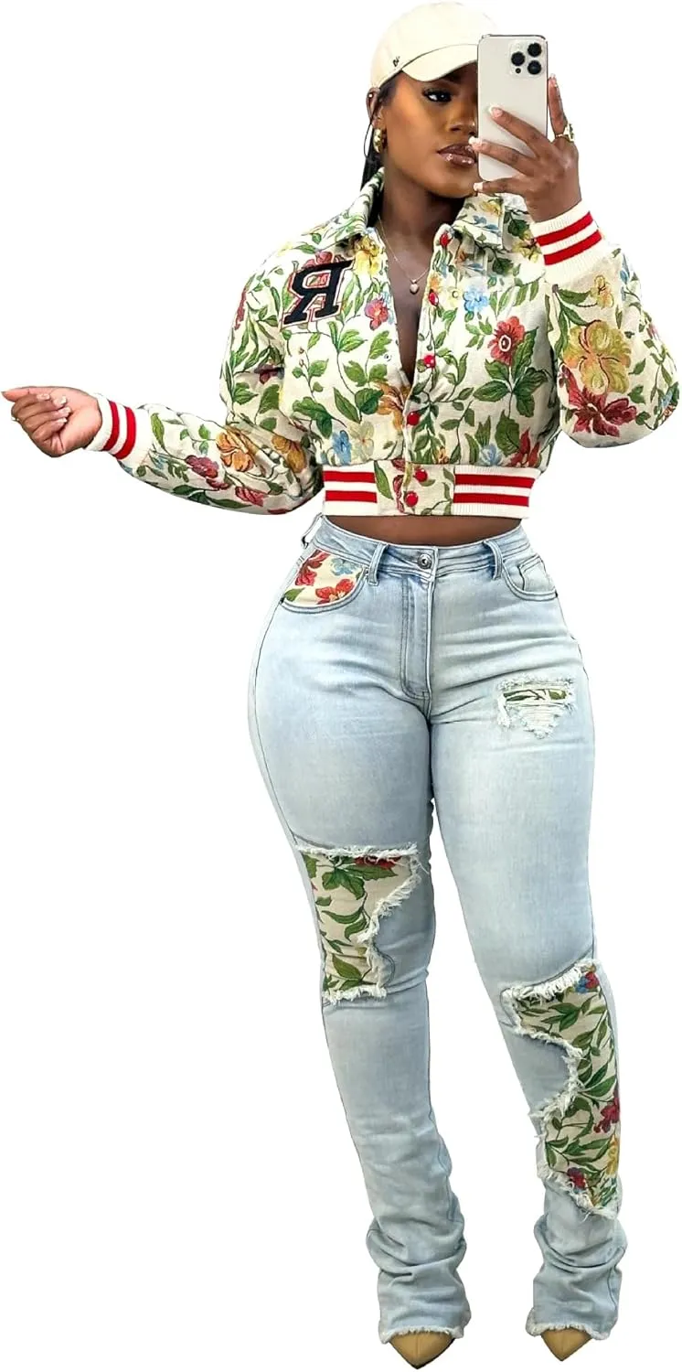 Women's Cropped Floral Print Bomber Jacket Casual Button Down Coats Outerwears