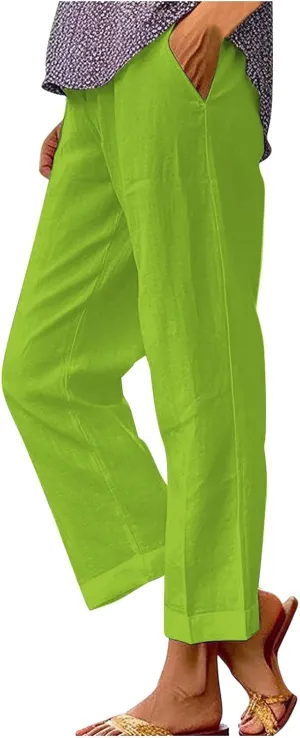 Womens Cropped Linen Pants Summer Elastic Waist Straight Leg Oversized Crop Pants Casual Trousers with Pockets