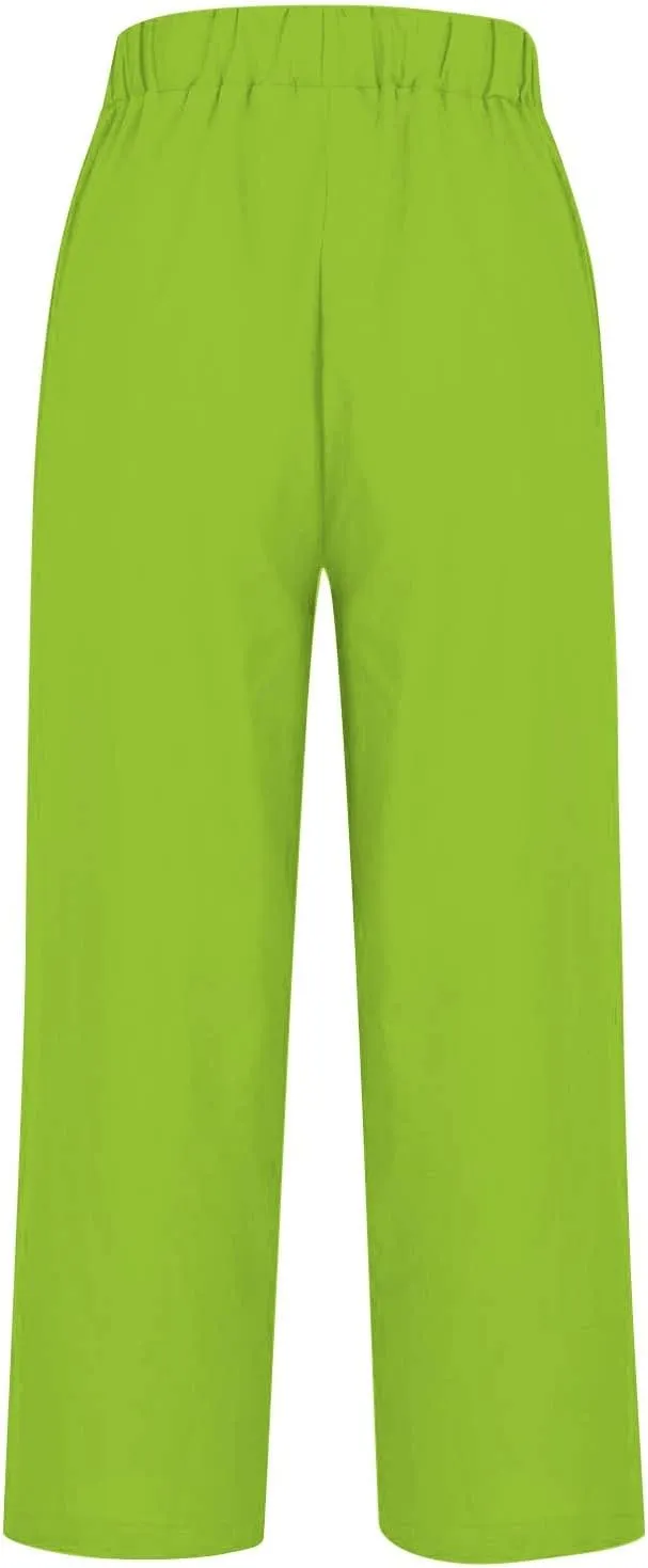 Womens Cropped Linen Pants Summer Elastic Waist Straight Leg Oversized Crop Pants Casual Trousers with Pockets