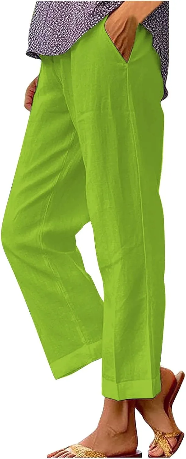 Womens Cropped Linen Pants Summer Elastic Waist Straight Leg Oversized Crop Pants Casual Trousers with Pockets