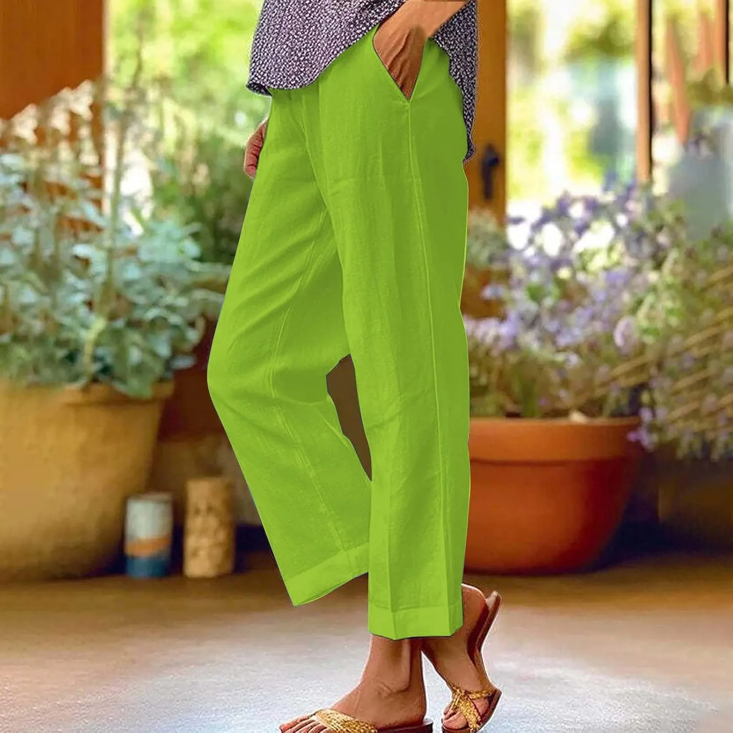 Womens Cropped Linen Pants Summer Elastic Waist Straight Leg Oversized Crop Pants Casual Trousers with Pockets
