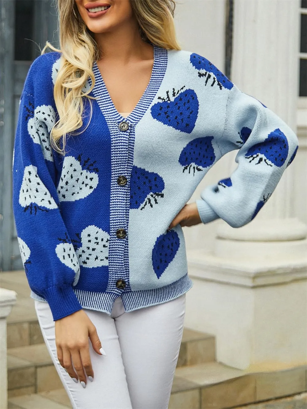 Women's Cute Strawberry Graphic Cardigan Sweaters Button Down Color Block Knit Jacket Trendy Y2K Aesthetic Preppy Clothes