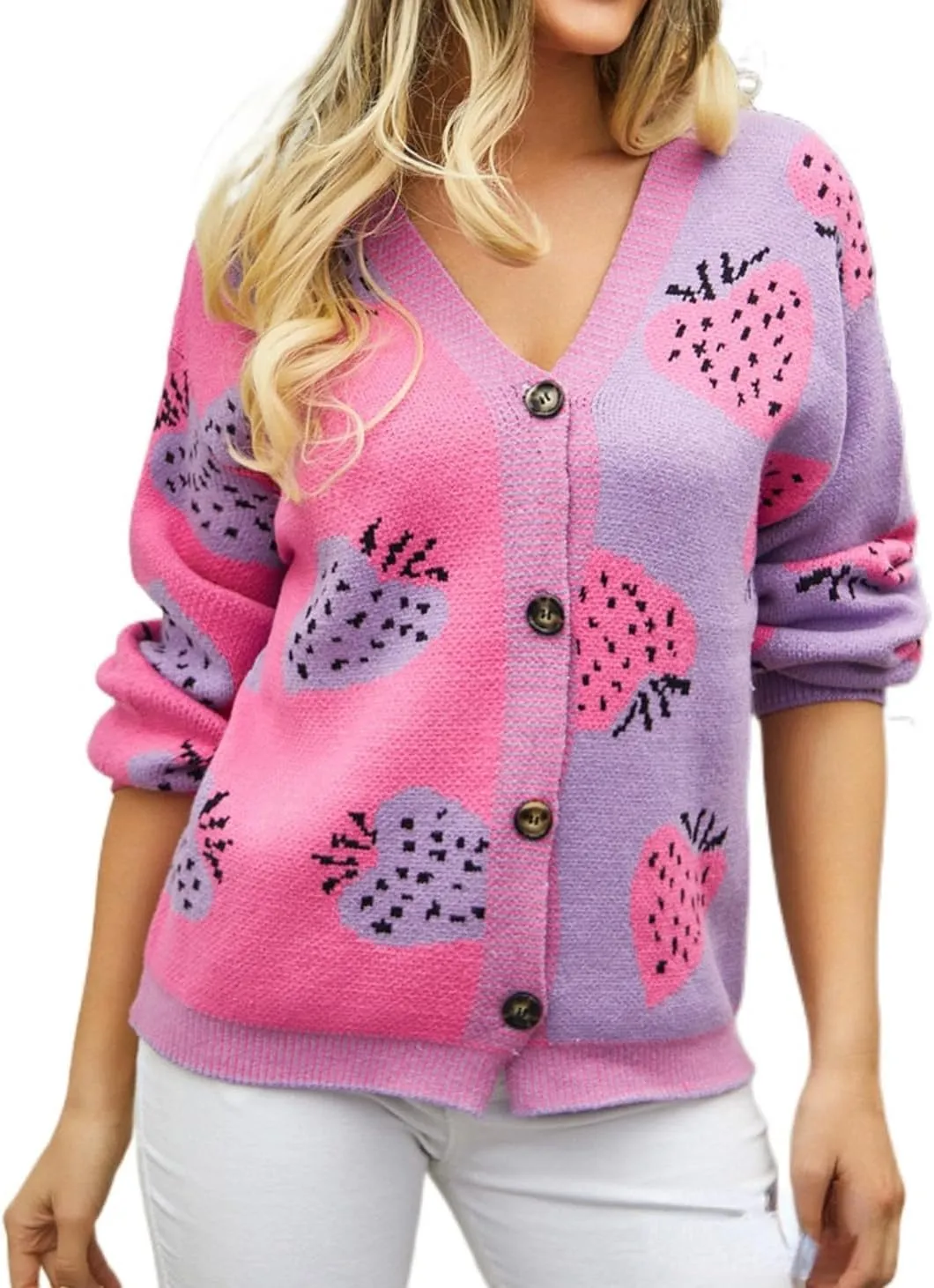 Women's Cute Strawberry Graphic Cardigan Sweaters Button Down Color Block Knit Jacket Trendy Y2K Aesthetic Preppy Clothes