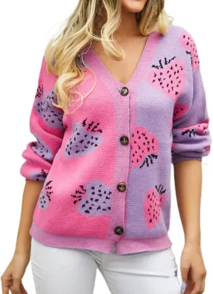 Women's Cute Strawberry Graphic Cardigan Sweaters Button Down Color Block Knit Jacket Trendy Y2K Aesthetic Preppy Clothes