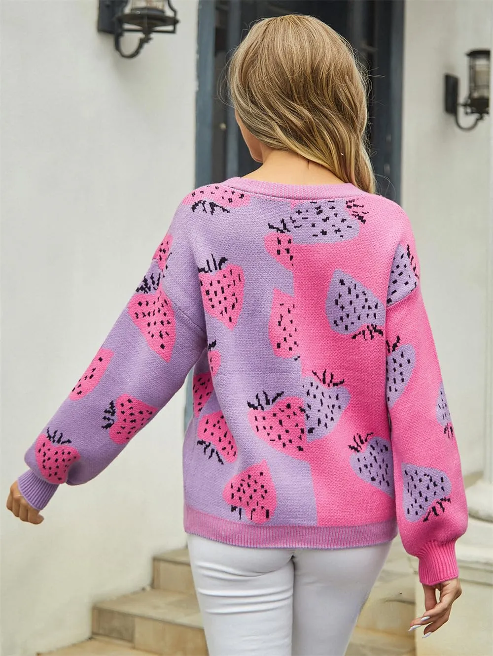 Women's Cute Strawberry Graphic Cardigan Sweaters Button Down Color Block Knit Jacket Trendy Y2K Aesthetic Preppy Clothes