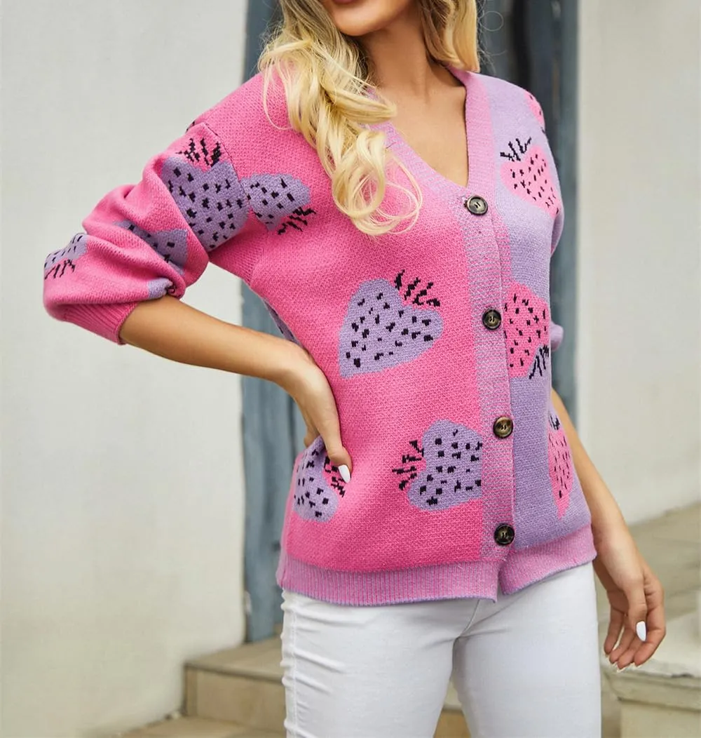 Women's Cute Strawberry Graphic Cardigan Sweaters Button Down Color Block Knit Jacket Trendy Y2K Aesthetic Preppy Clothes