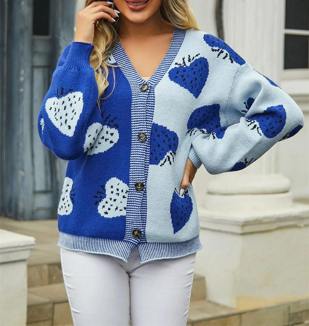 Women's Cute Strawberry Graphic Cardigan Sweaters Button Down Color Block Knit Jacket Trendy Y2K Aesthetic Preppy Clothes