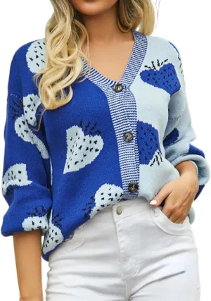 Women's Cute Strawberry Graphic Cardigan Sweaters Button Down Color Block Knit Jacket Trendy Y2K Aesthetic Preppy Clothes
