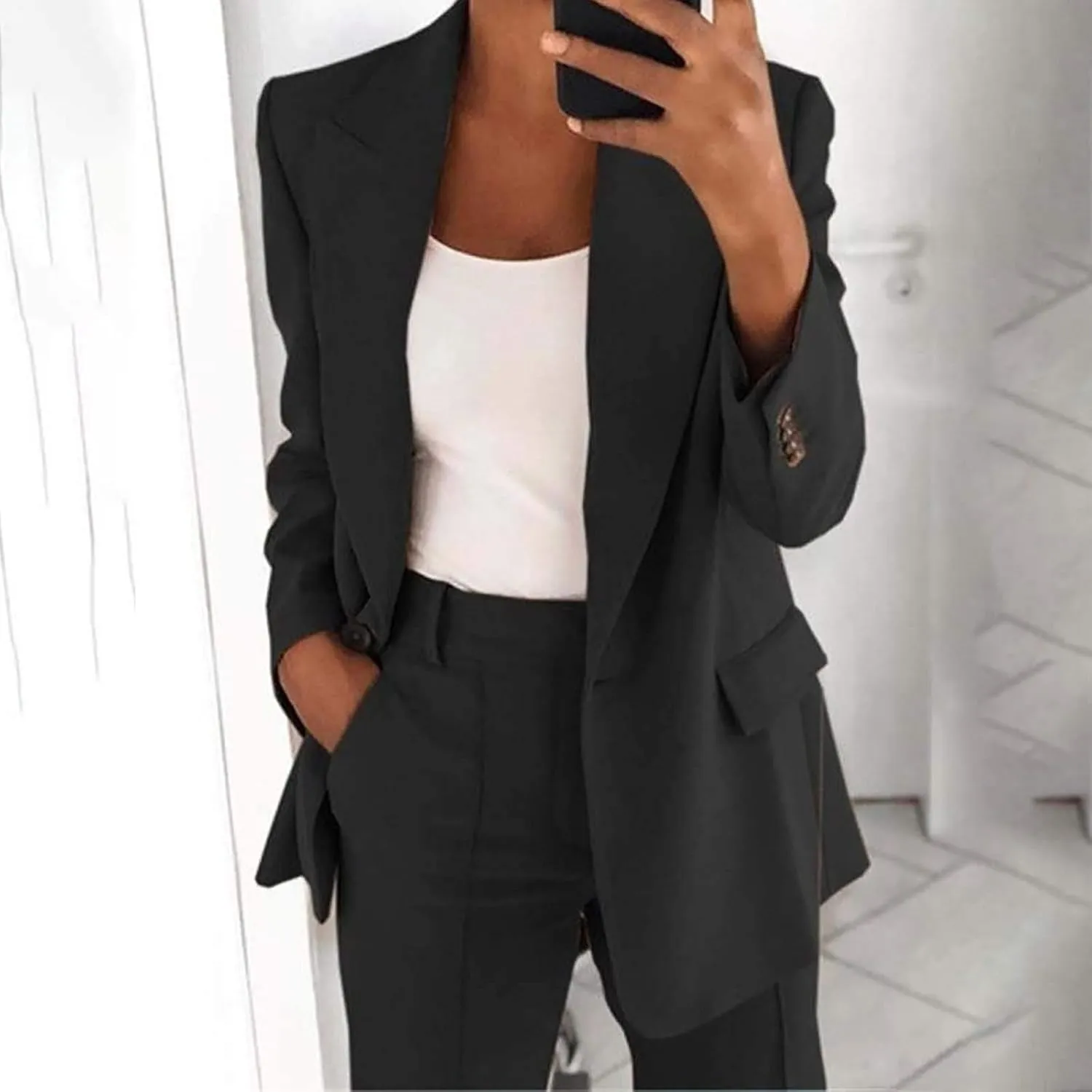 Womens Fall Casual Blazer Jacket Long Sleeve Lightweight Suit Slim Fit Work Office Jacket Pockets Lapel Button Jacket