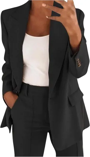 Womens Fall Casual Blazer Jacket Long Sleeve Lightweight Suit Slim Fit Work Office Jacket Pockets Lapel Button Jacket