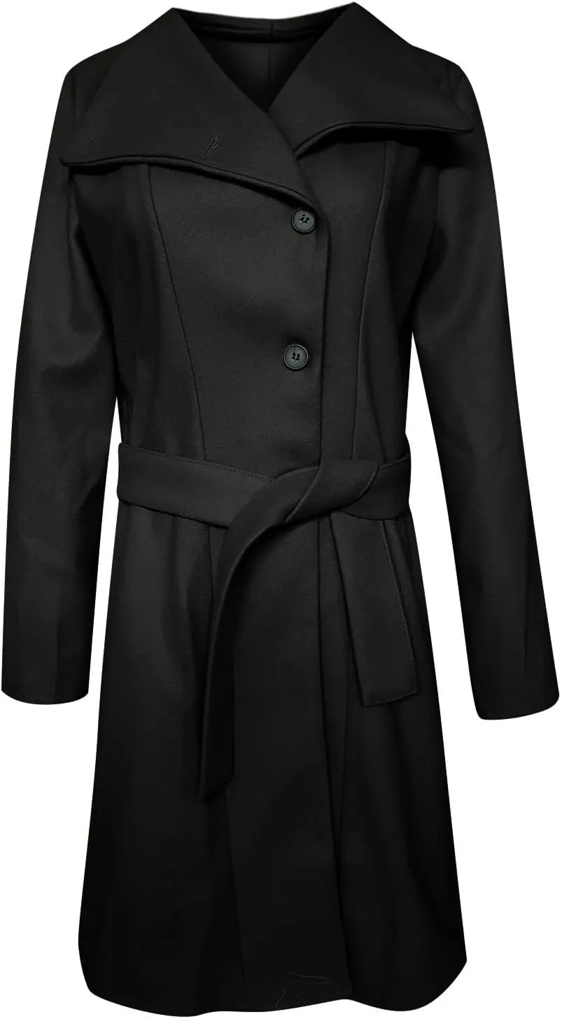 Womens Fashion Lapel Collar Button Down Pea Coat Winter Woolen Over Coats Slim Fit Trench Coat Long Jackets with Belt