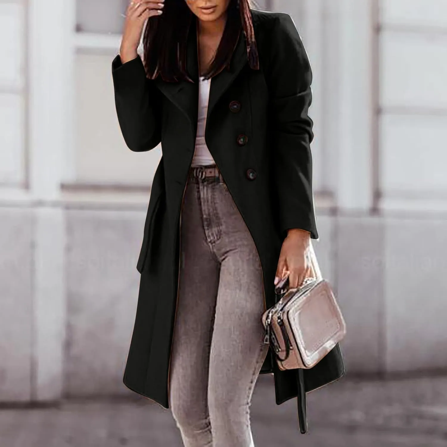 Womens Fashion Lapel Collar Button Down Pea Coat Winter Woolen Over Coats Slim Fit Trench Coat Long Jackets with Belt