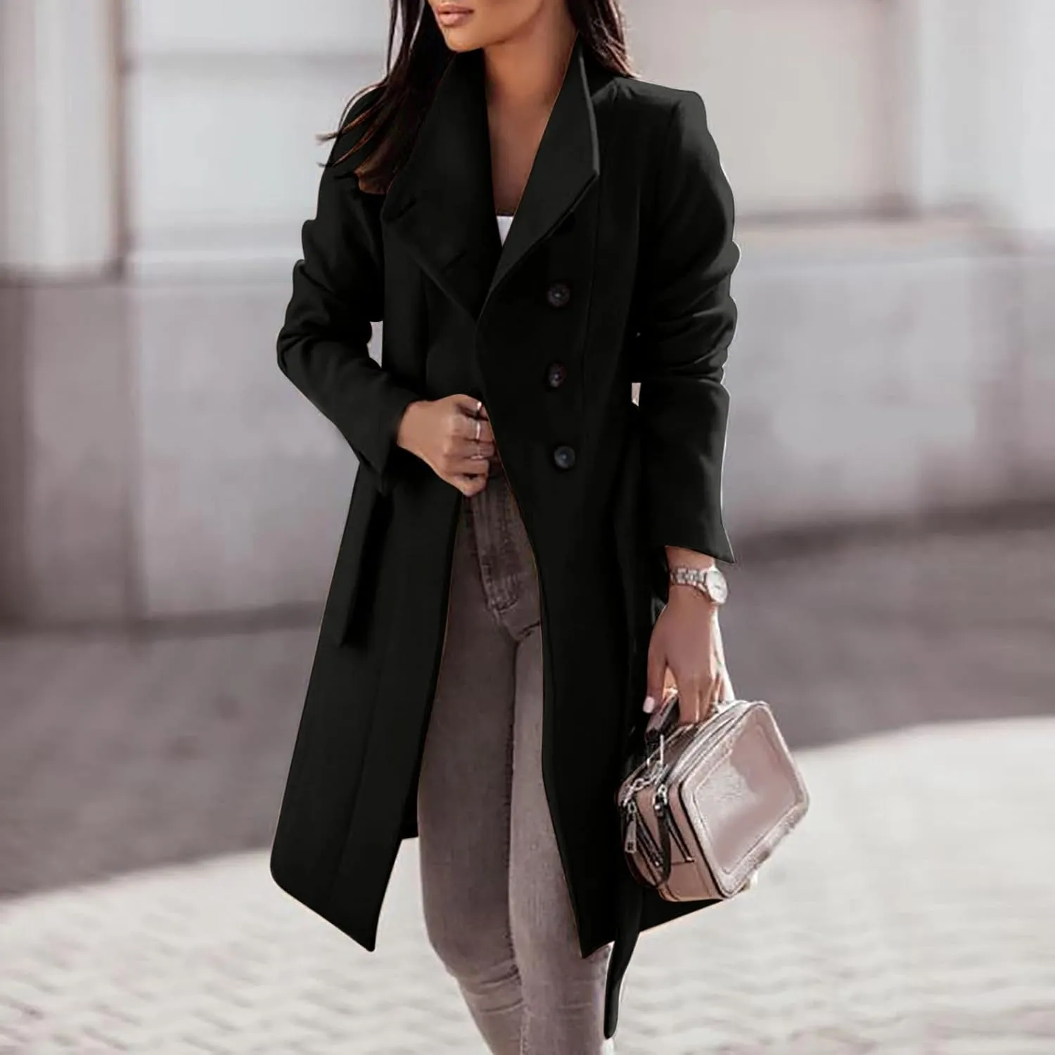 Womens Fashion Lapel Collar Button Down Pea Coat Winter Woolen Over Coats Slim Fit Trench Coat Long Jackets with Belt