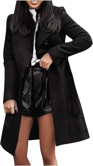 Womens Fashion Lapel Collar Button Down Pea Coat Winter Woolen Over Coats Slim Fit Trench Coat Long Jackets with Belt