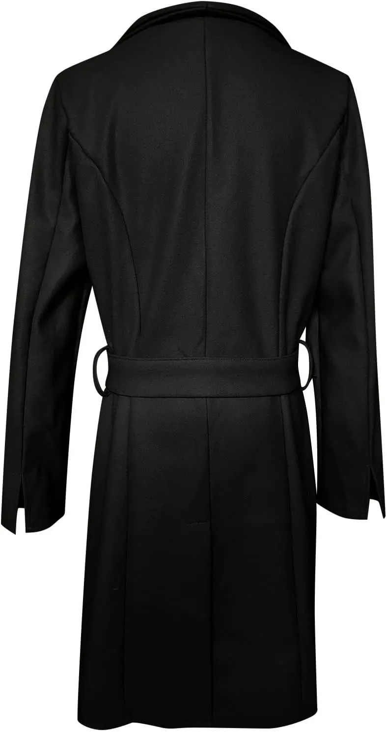 Womens Fashion Lapel Collar Button Down Pea Coat Winter Woolen Over Coats Slim Fit Trench Coat Long Jackets with Belt