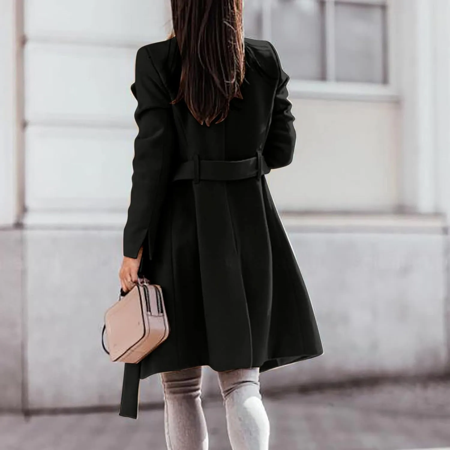 Womens Fashion Lapel Collar Button Down Pea Coat Winter Woolen Over Coats Slim Fit Trench Coat Long Jackets with Belt