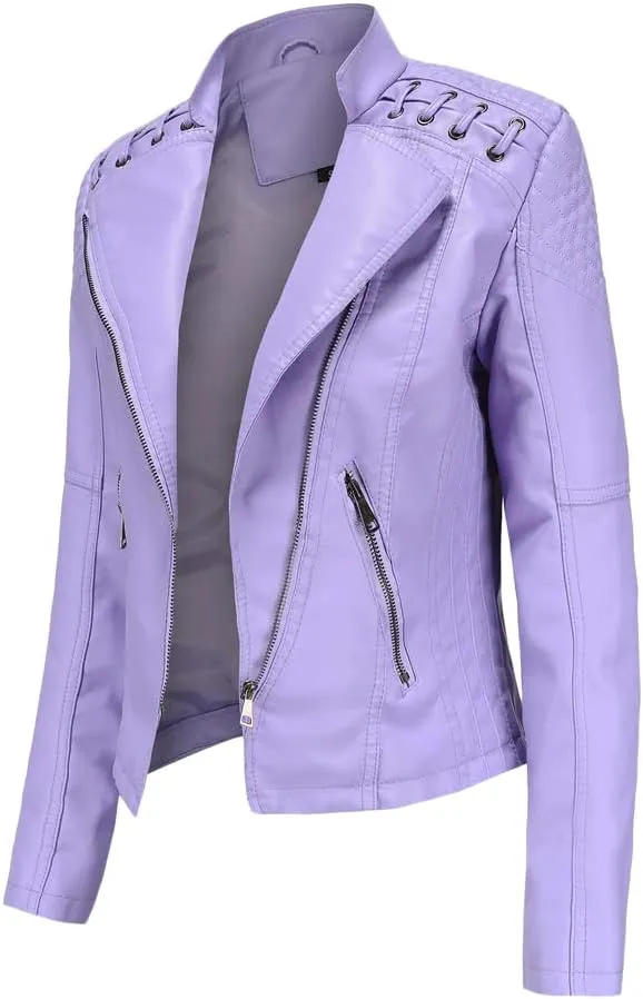 Women's Faux Leather Motorcycle Jacket Casual Fashion Lapel Zip Up Solid Color PU Cropped Biker Coat with Pockets