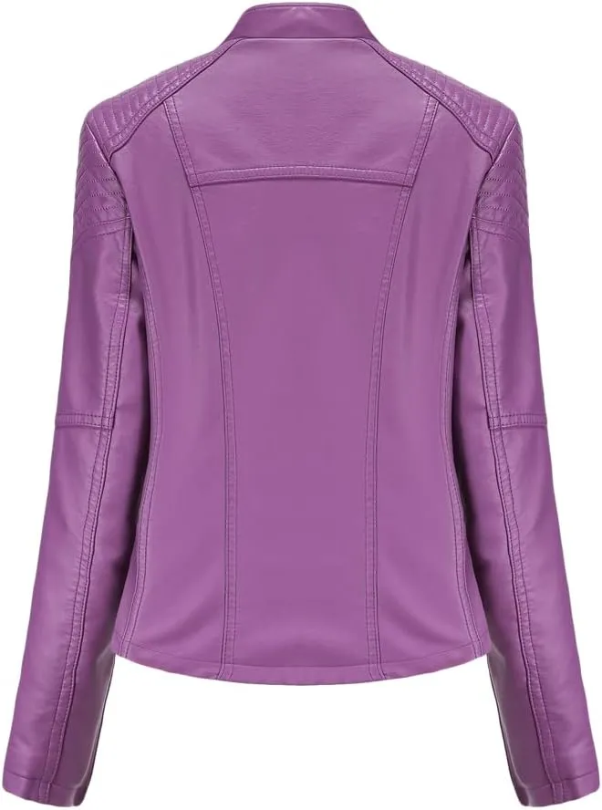 Women's Faux Leather Motorcycle Jacket Casual Fashion Lapel Zip Up Solid Color PU Cropped Biker Coat with Pockets