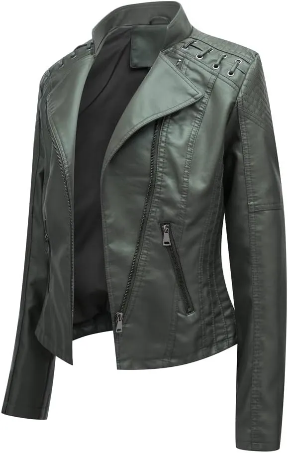 Women's Faux Leather Motorcycle Jacket Casual Fashion Lapel Zip Up Solid Color PU Cropped Biker Coat with Pockets