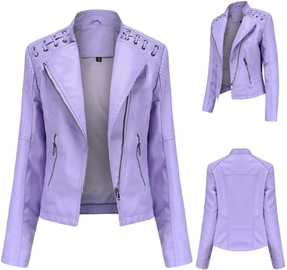 Women's Faux Leather Motorcycle Jacket Casual Fashion Lapel Zip Up Solid Color PU Cropped Biker Coat with Pockets