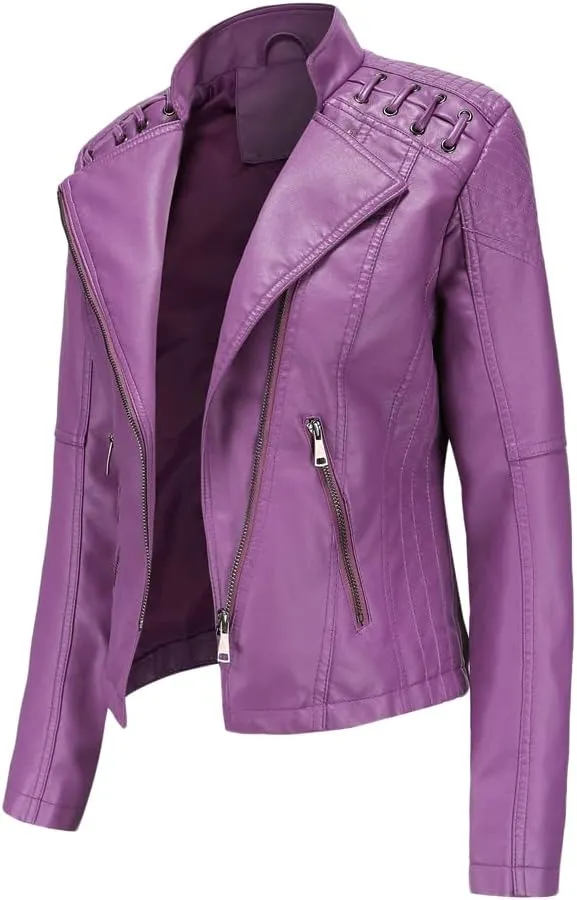 Women's Faux Leather Motorcycle Jacket Casual Fashion Lapel Zip Up Solid Color PU Cropped Biker Coat with Pockets